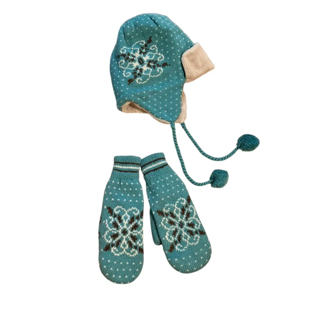 LL Bean Knit Ear Flap Pom Pom Tie Matching Mittens Set Medium/Large